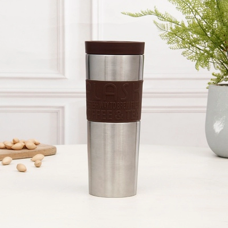 600 ML vacuum insulated thermal mug with 360 degree push button lid , mug body with silicone band